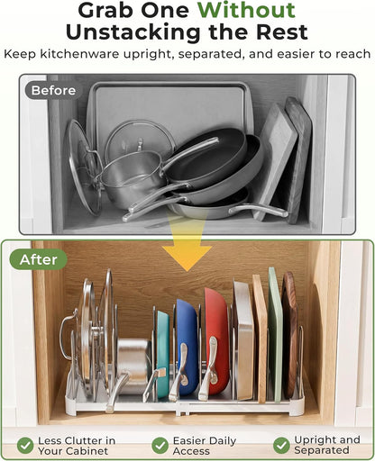 EVERIE Adjustable Cabinet Organizer for Pot Lids, Bakeware, Cookie Sheets & Cutting Boards, Upright Storage Rack for Kitchen Cabinet, Stable Dividers, 9.7" Deep, 12.6" to 21.5" Wide, GS02SS | 5mm Steel Dividers, Anti-Wobble, M-Slot for Lid Handles,