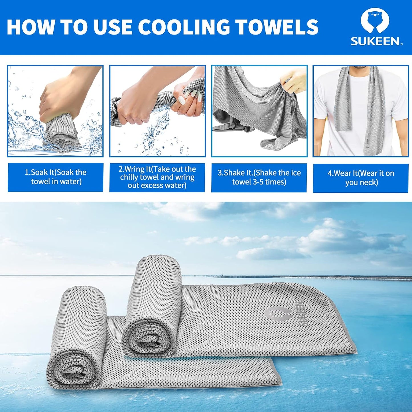 Sukeen 4 Pack Cooling Towels (40"x12") for Neck and Face Instant Cooling | Stay Cool in Hot Weather,Versatility,Soft,Breathable,Durability for Sports,Outdoor activities,Summer works in heat