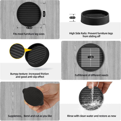 xxxHOLIC Rubber Non Slip Furniture Pads, 2" Black Round, Set of 4 | Furniture Grippers for Hardwood Floors, Anti Skid Caster Cups, Bed Frame & Couch Stoppers, Floor Protectors for Heavy Duty