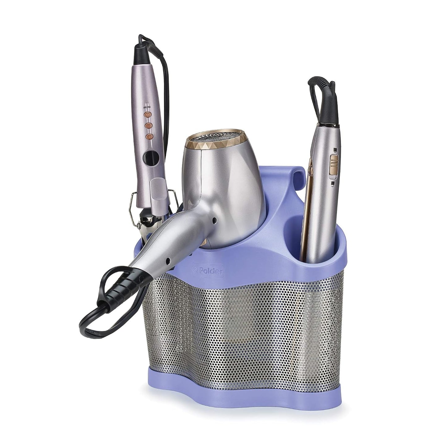 Polder Style Station, Tool Organizer for Hair Dryer, Curling Iron, and Straightener, Easy-to-Store Hair Styling Station, White and Silver