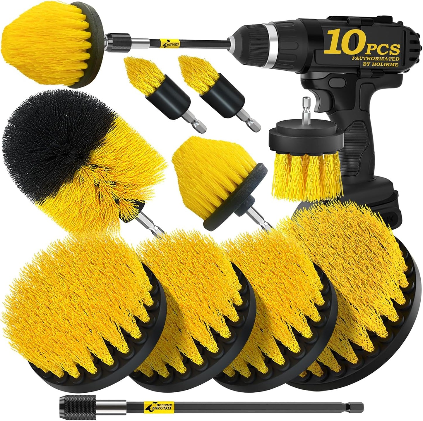 Holikme 10Pack Drill Brush Attachments Set，Power Scrubber Kit for Clean | 9 brush sizes, nylon bristles, extension reach, bathroom, tile, grout, kitchen and car cleaning, yellow