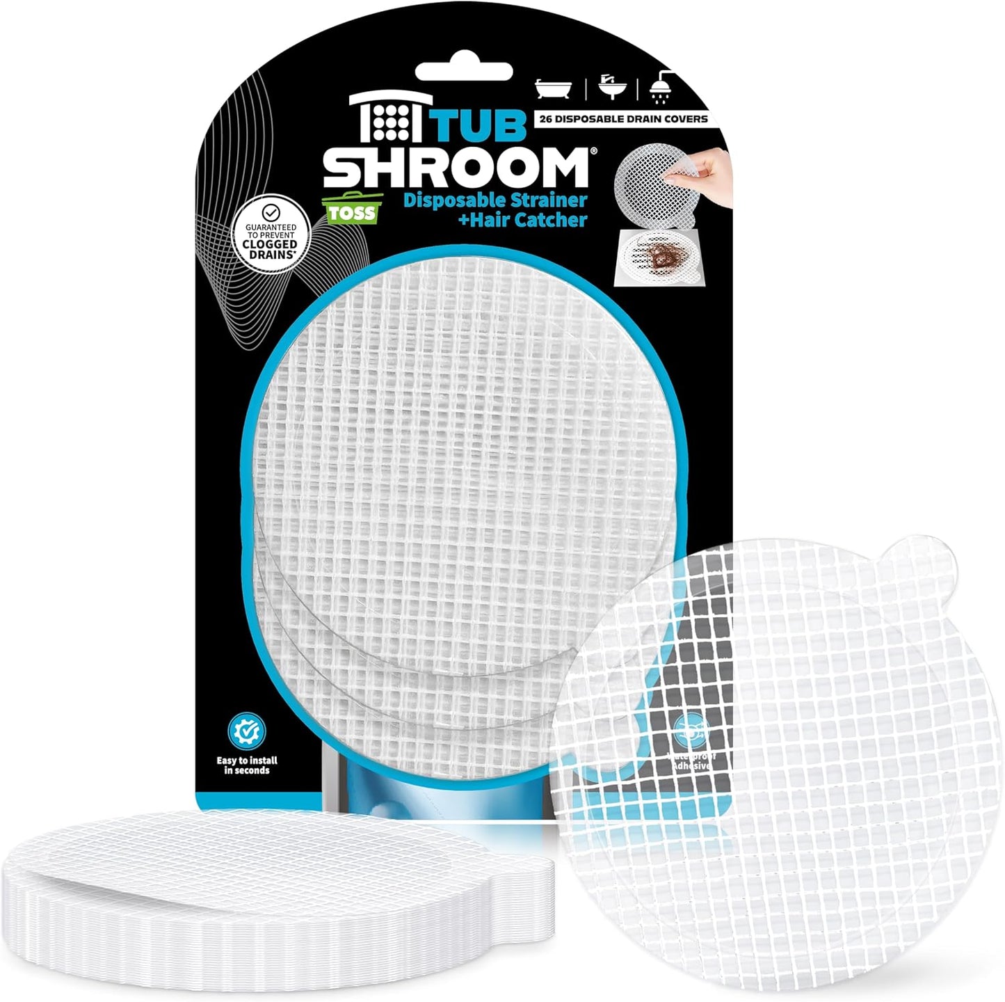 TubShroom 26 Pack Square Disposable Drain Cover - Hair Catcher Mesh Sticker Strainers for Shower Bathtub and Bathroom - Hair Catcher Sticker Drain Protector - Half Year Supply