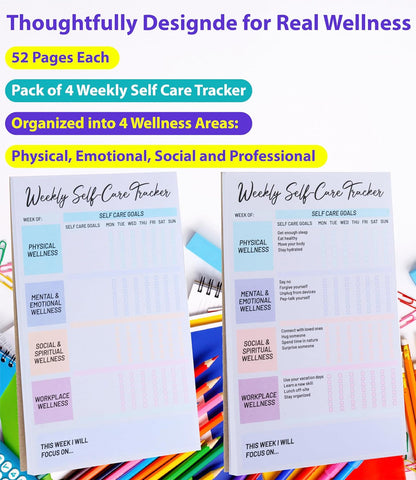 4 Pack Self Care Weekly Tracker Notepads (2 Blank + 2 Guided), 6 ''x 9'' | Planner Pads, 52 Pages Each, Undated Self Care Pads for Physical, Mental and Emotional, Social and Spiritual, Workplace