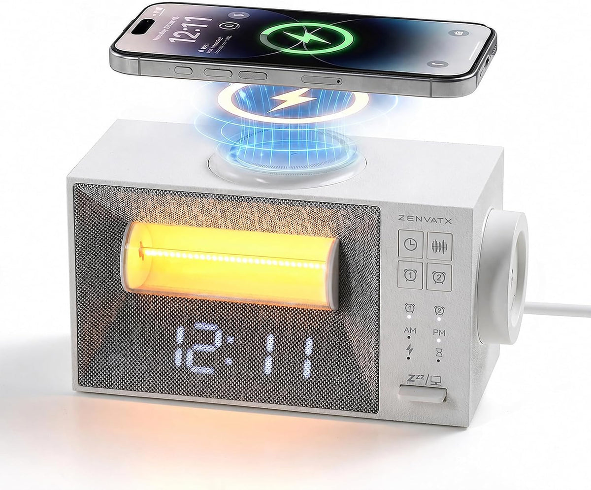 Sound Machine Alarm Clock with Wireless Charger for Bedroom, Hotel