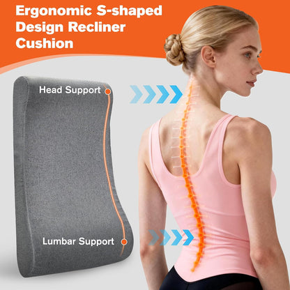 JZHLLA Recliner Neck and Lumbar Support Cushion for Recliner Couch & Glider Chair, Ergonomic S-Shaped Backrest Pillow, Breathable Cotton-Linen Foam, Non-Slip Backing, Removable Cover(Grey)