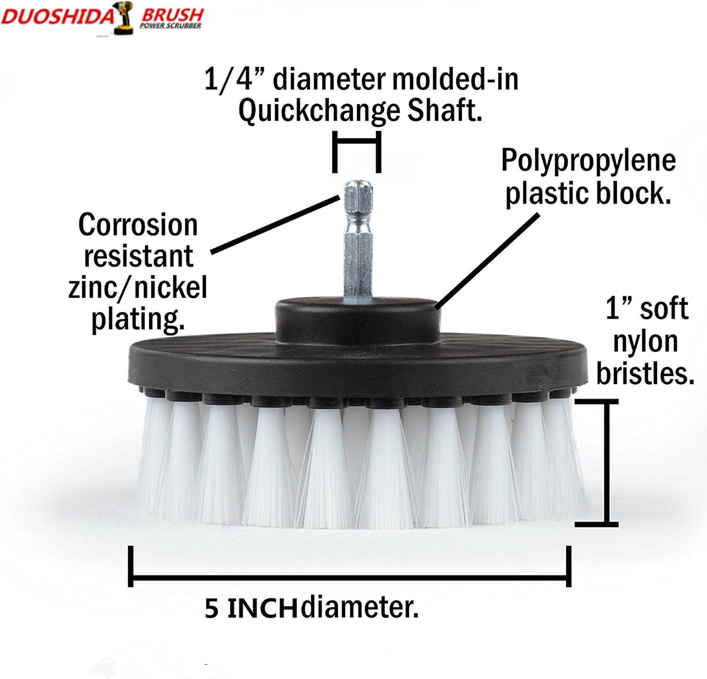 Drill Brush 5 inch Soft Bristle White Quick Change Shaft