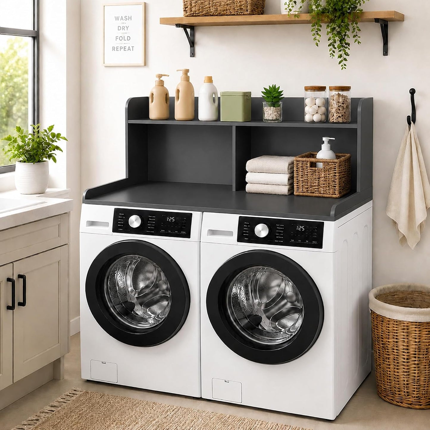 Royxen Washer Dryer Countertop with Extra Tall Shelf, 19" Height Washer and Dryer Topper, Laundry Countertop with Non-Slip Pads, Universal Fit for Laundry Room Organization, Walnut