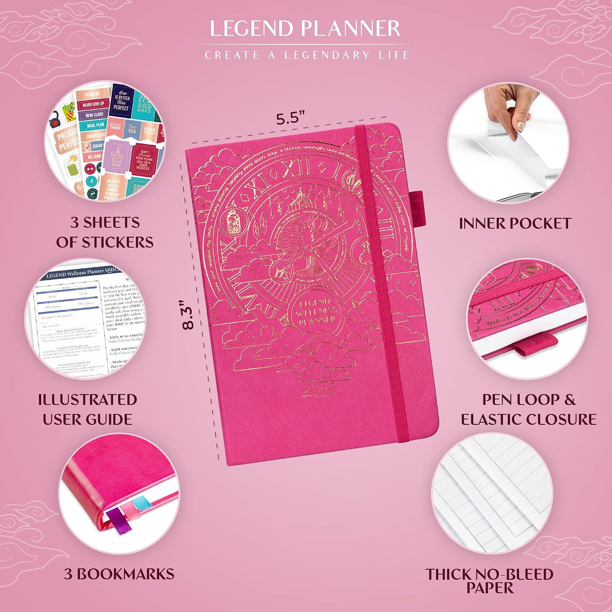 Legend Food Journal, Weight Loss & Meal Tracking Diary 5.8x8.3 Hot Pink