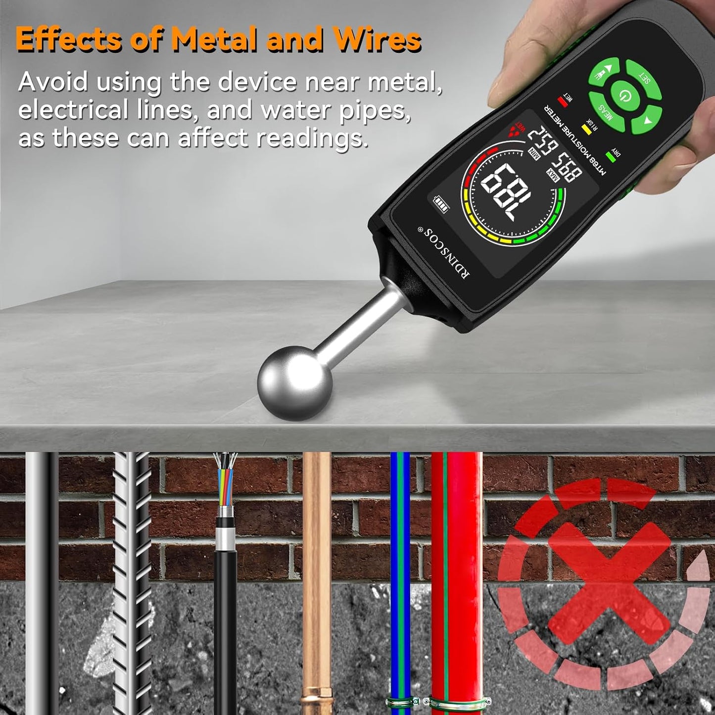 RDINSCOS Pinless Moisture Meter for Wood & Wall | Digital Moisture Detector, Flooding Detection, High Humidity Detection, For Walls, Floor, Masonry