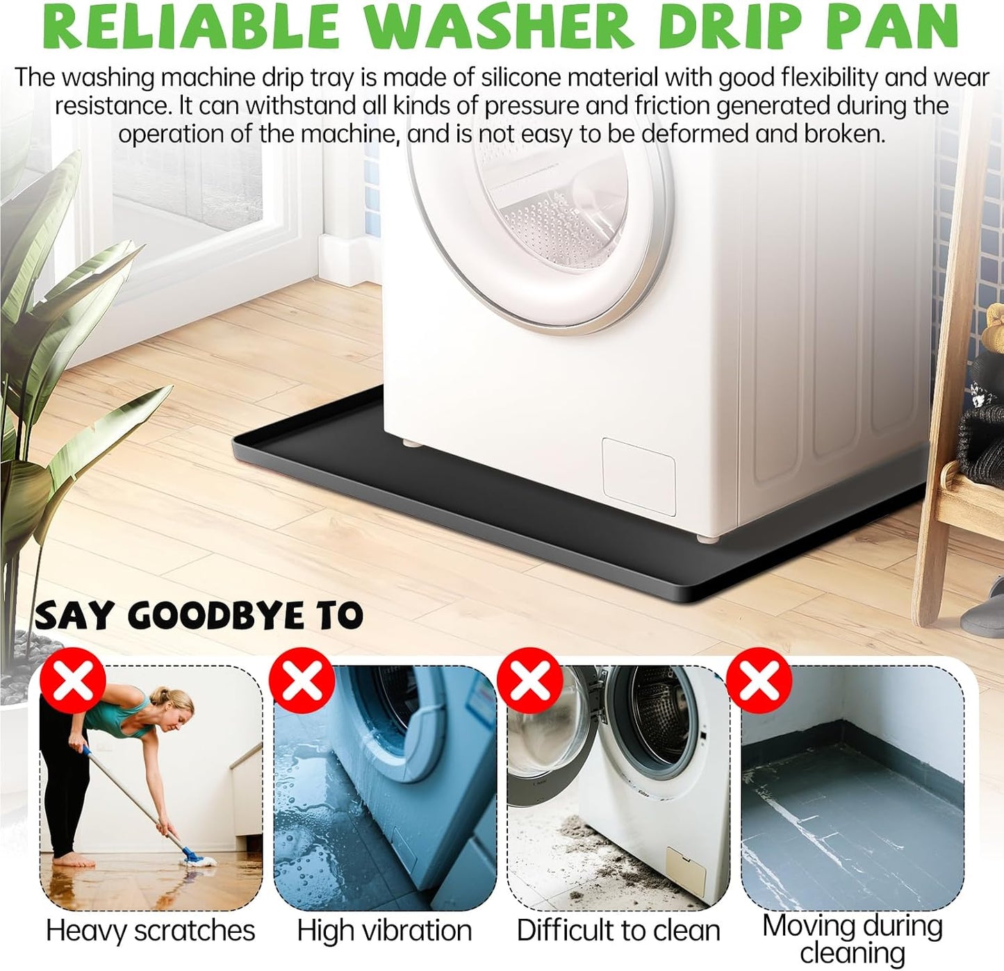 Washing Machine Drain Pan, 27x27 Inch Silicone Mat with Raised Edge | Waterproof Leak Protector Tray for Under Washer and Dryer, Anti-Slip and Foldable Laundry Room Mat