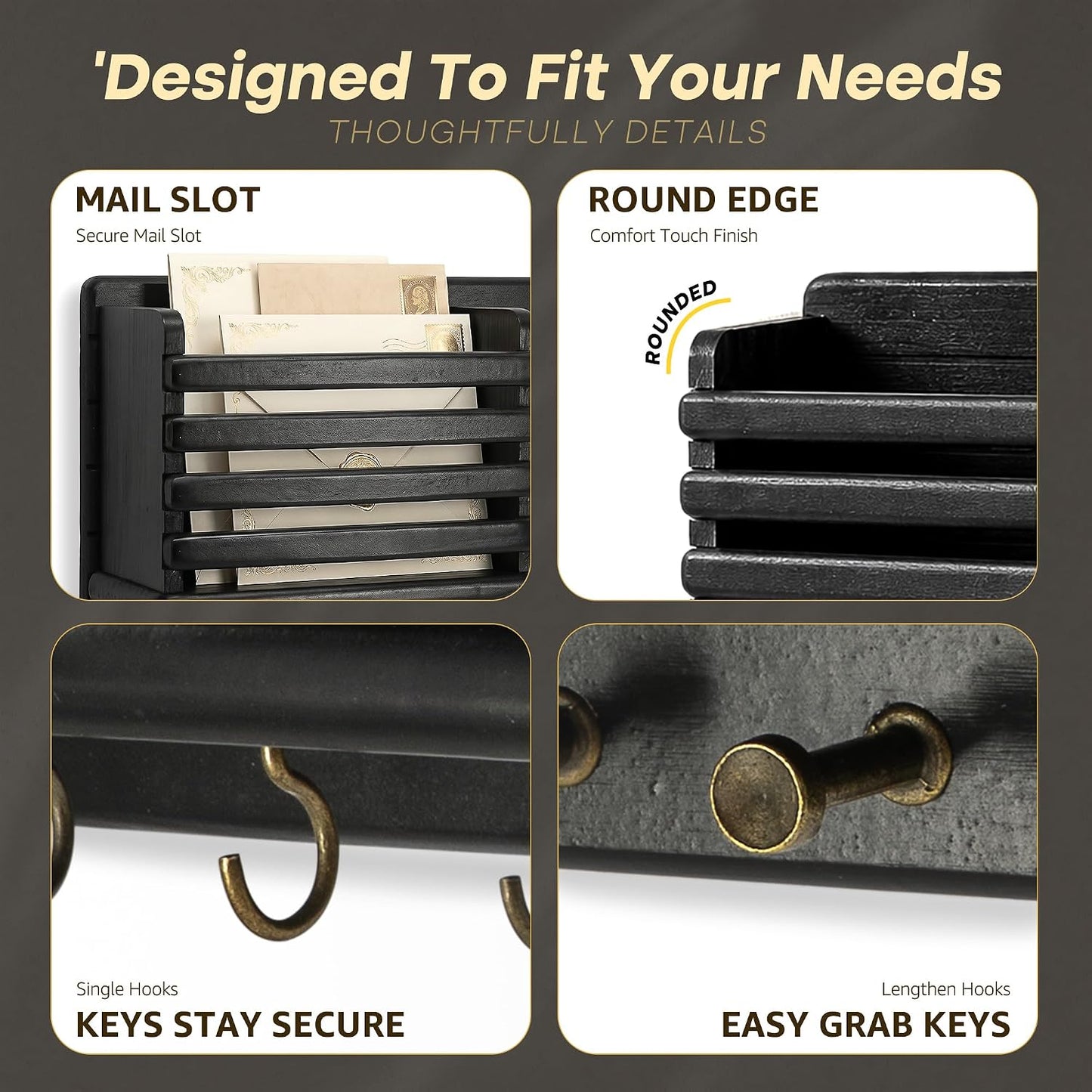 Rebee Vision Key Holder Wall Mount with Mail Slot for Entryway, Retro Brown | Pine Wood, Key Holder for Wall, 8 Hooks for Dog Leashes, Floating Shelf, Mail Sorter, New Home Essentials, Entryway Storage