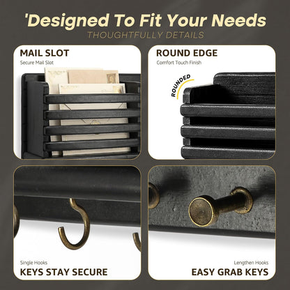 Rebee Vision Key Holder Wall Mount with Mail Slot for Entryway, Retro Brown | Pine Wood, Key Holder for Wall, 8 Hooks for Dog Leashes, Floating Shelf, Mail Sorter, New Home Essentials, Entryway Storage