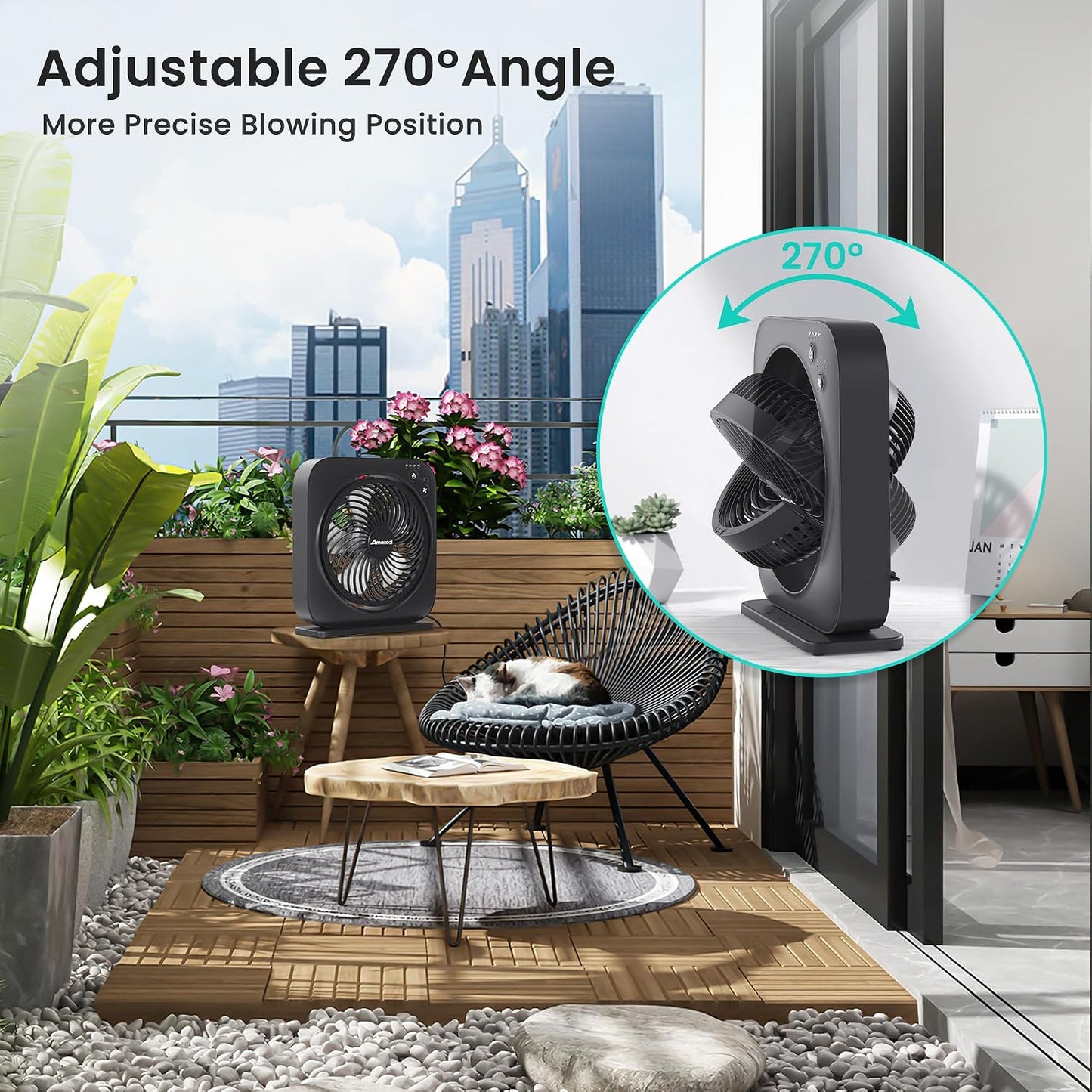 AMACOOL Table Fan, 12 inch Box Fan with 3 Speeds & 8HRS Timer, 270° Pivoting Quiet Air Circulator, Desktop Fan for Bedroom Bathroom Kitchen Office, AC Adapter Included, Co-Branded with Cmyfato-Black