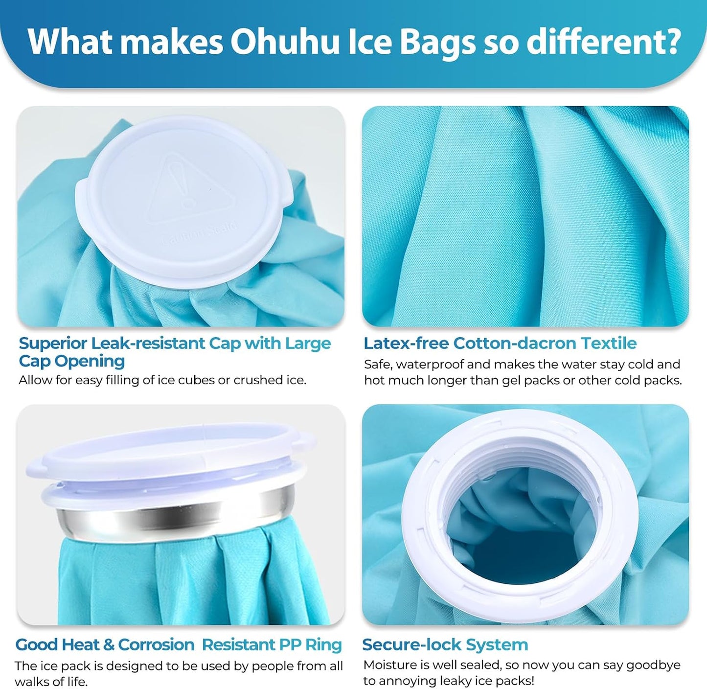 Ice Bags for Injuries Reusable: Ohuhu 3 Packs Ice Cold Packs with 2 Wrap Ice Bag Hot Water Hot & Cold Therapy Pain Relief for Knee Leg Injury No-Leak Waterproof Ice Bags 3 Sizes 6"/9"/11", Light Blue