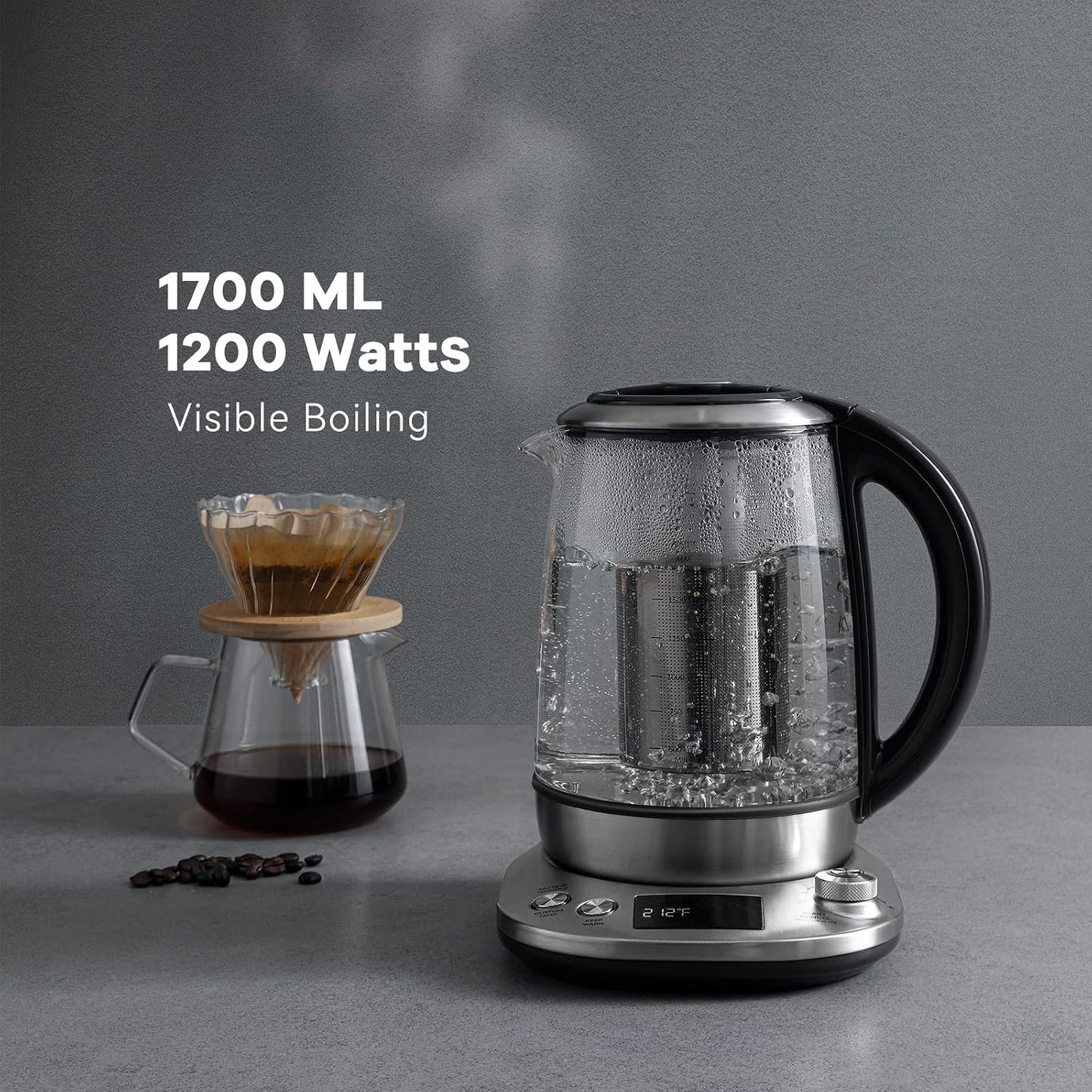 Mecity Electric Tea Kettle Borosilicate Glass Tea Maker With Temperature Control and Infuser - LCD Display and Preset Brewing Programs - 1.7 Liter Water Boiler