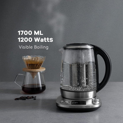 Mecity Electric Tea Kettle Borosilicate Glass Tea Maker With Temperature Control and Infuser - LCD Display and Preset Brewing Programs - 1.7 Liter Water Boiler