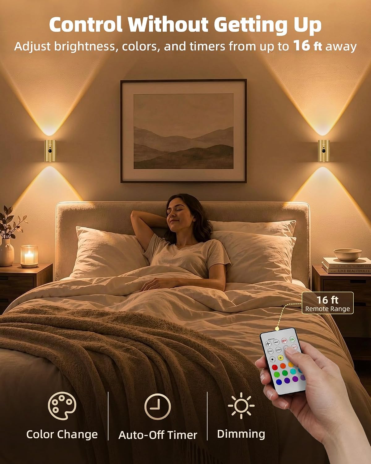 EZVALO Motion Sensor Wall Sconces with Remote, Rechargeable Battery Operated 4000mAh Wall Lights, 3 Color Temperatures & 12 RGB, Wireless LED Lighting for Hallway, Living Room (Brushed Gold, 2 Pack)