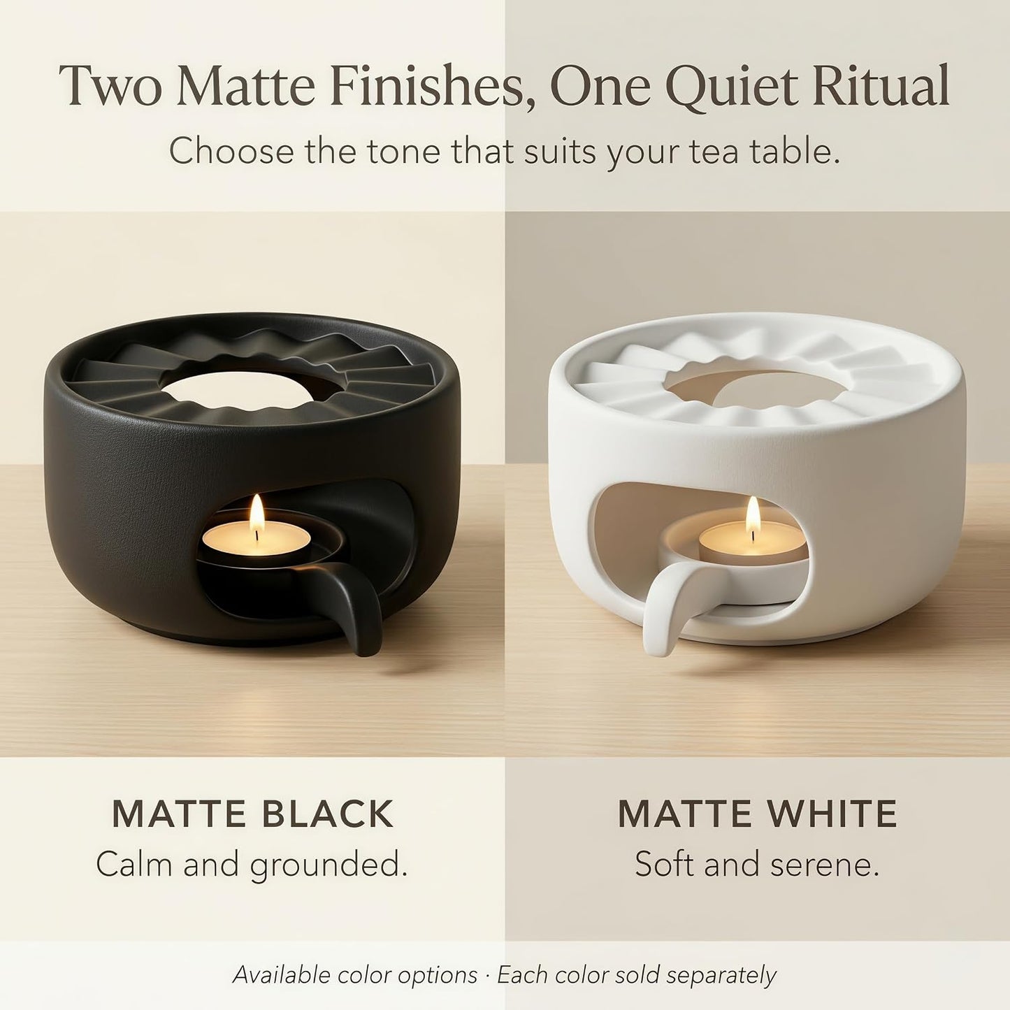 Ceramic Teapot Warmer with Removable Candle Spoon, Tea Pot Warmer Base | Deep matte black finish; 4.72 in low-profile base fits flat-bottom glass or ceramic teapots and uses a standard tealight.