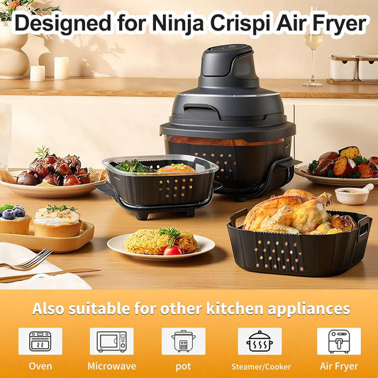 Air Fryer Silicone Liners for Ninja Crispi FN101GY/FN101SG/FN101ST Reusable | Big Liner for 4 QT Glass Container & Small Liner for 6 Cups Glass Container, 2 Pcs Reusable Non-Stick Basket Accessories
