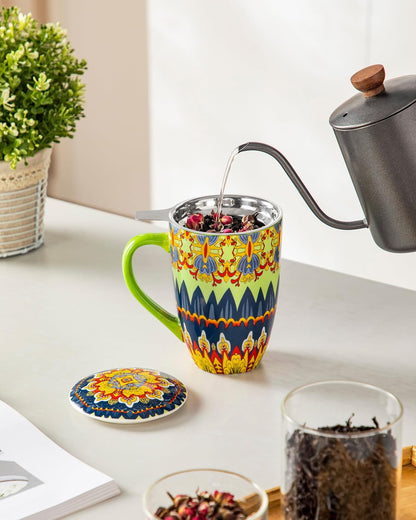 vancasso 18 Oz Tea Infuser Mug with Lid, Mint Petal Whirl | Eye catching Bohemian pattern, adds charm to any tea corner, ceramic mug with infuser, microwave and dishwasher safe