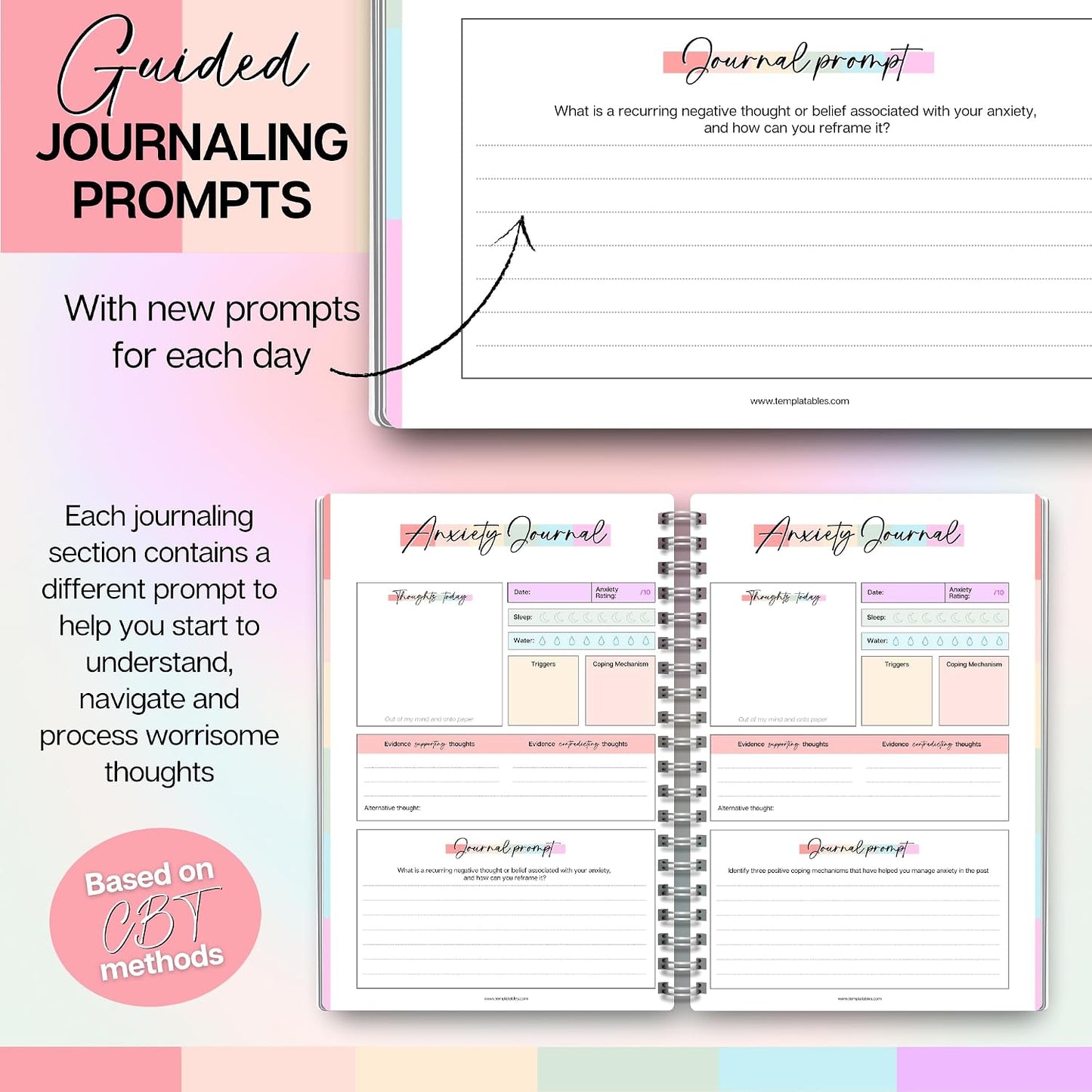 Templatables Anxiety Journal for Adults – CBT Therapy Workbook with Guided Prompts, Trigger Tracker, Sleep & Hydration Logs | Undated A5 Mental Health Notebook for Anxiety Relief & Stress Management