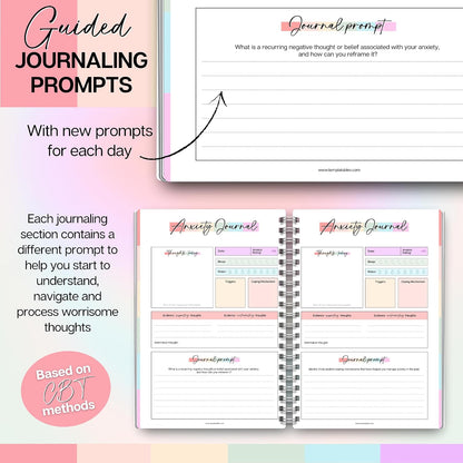 Templatables Anxiety Journal for Adults – CBT Therapy Workbook with Guided Prompts, Trigger Tracker, Sleep & Hydration Logs | Undated A5 Mental Health Notebook for Anxiety Relief & Stress Management