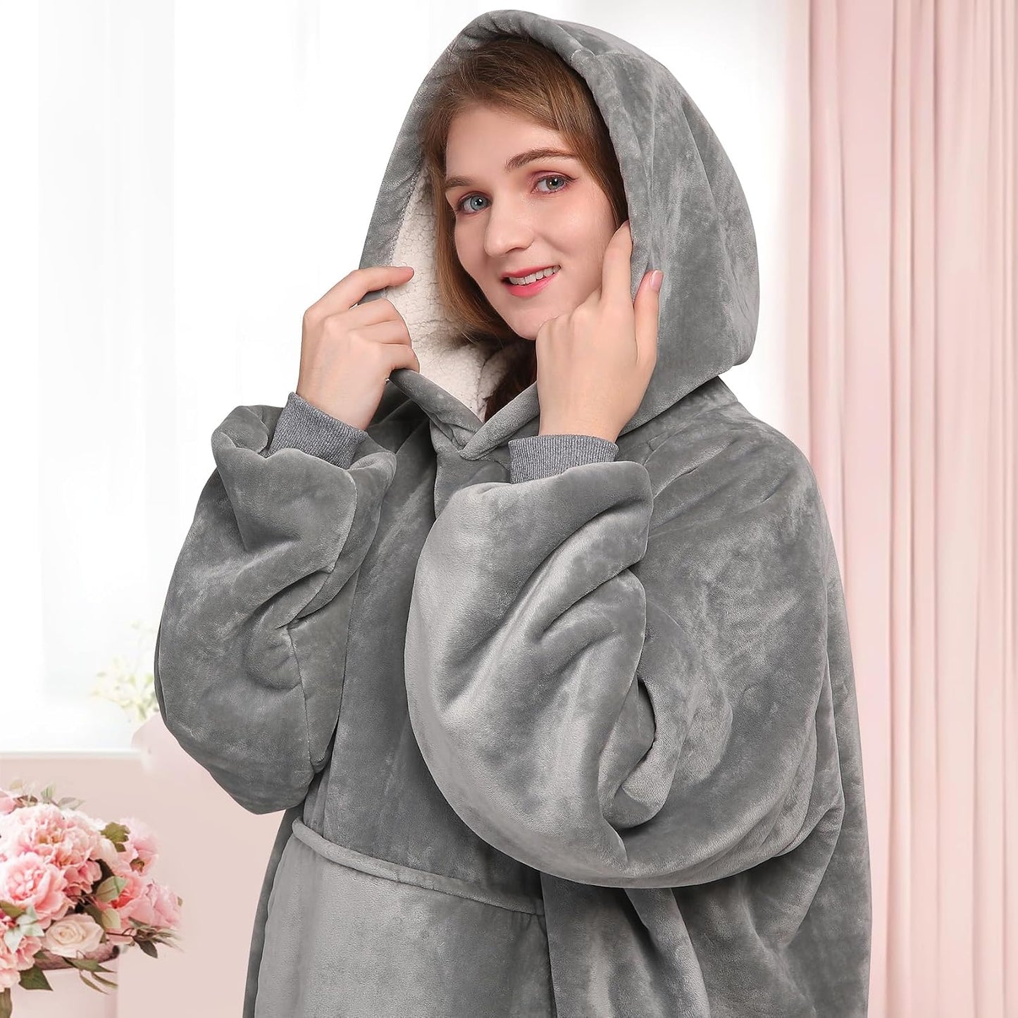 Wearable Blanket Sweatshirt Gifts for Women and Men, Warm and Cozy Giant Blanket Hoodie, Thick Flannel Blanket with Sleeves and Giant Pocket - Dark Gray