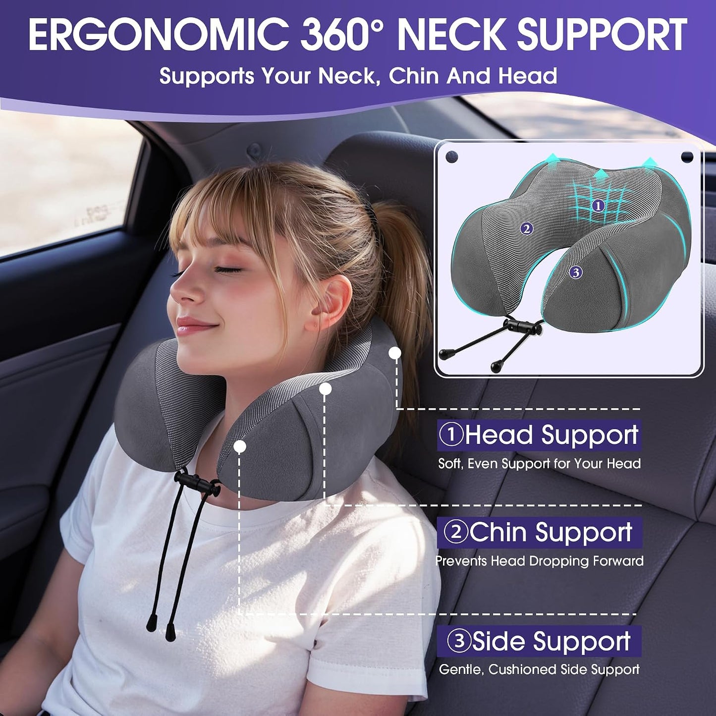 CloudBliss Neck Pillow for Airplanes, Memory Foam Travel Pillow, Black | Compact Flight Pillow with Eye Mask, Earplugs, Carry Bag, Travel Neck Pillow for Long Flight Sleep, Plane Travel Essentials