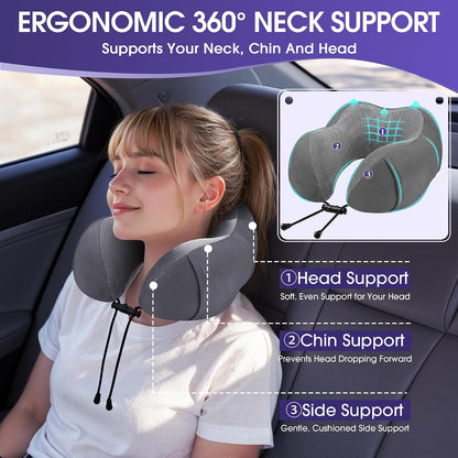 CloudBliss Neck Pillow for Airplanes, Memory Foam Travel Pillow, Black | Compact Flight Pillow with Eye Mask, Earplugs, Carry Bag, Travel Neck Pillow for Long Flight Sleep, Plane Travel Essentials