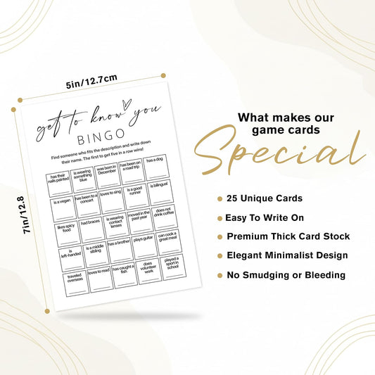 Find Someone Who Bingo Cards, 25 Unique Randomized 5x7 Sheets, Get to Know You Bingo Game for Adults, Ice Breaker Office Party Games, Team Building Games for Work, High Replay Value - A05
