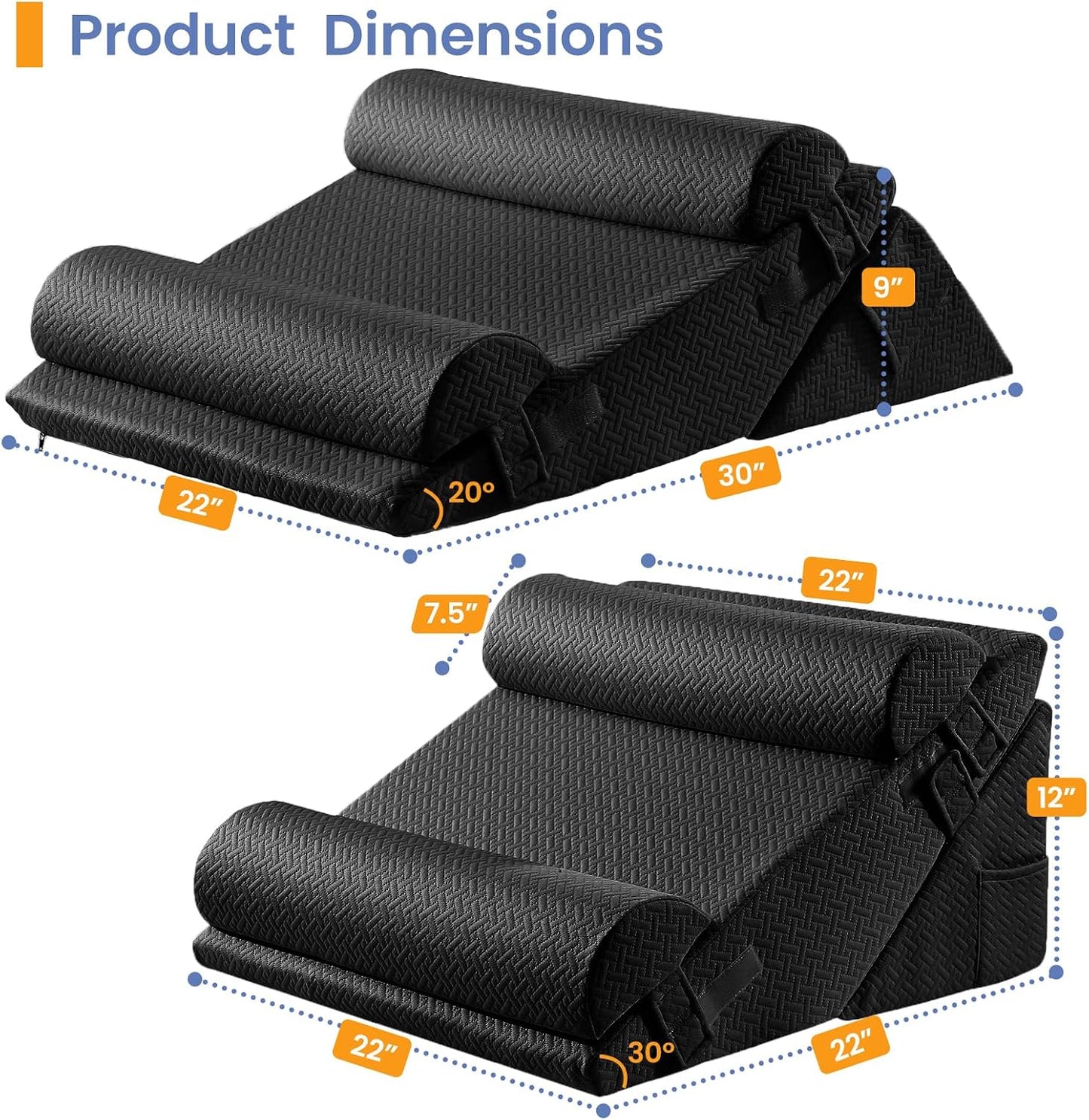 Sasttie Adjustable Wedge Pillow Set for After Surgery, Dark Grey & White | Bed Wedge Pillow Headboard with Memory Foam Neck Cushion, for Acid Reflux, Sleeping, Neck & Back Support
