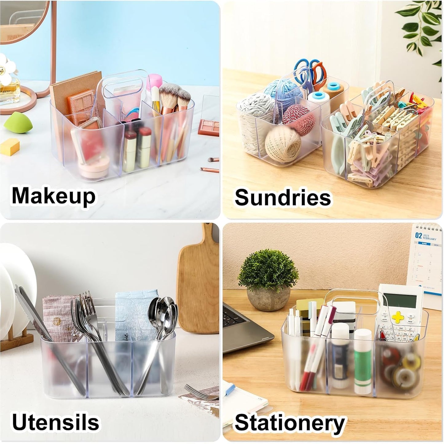 Multiuse Caddy Organizer with Handle, Portable Divided Plastic Tote Bin - Art Craft, Stationary Pen Marker Crayons, Makeup Hair Supplies Storage - Bathroom, Classroom, Dorm, Office, Desk Holder - Grey