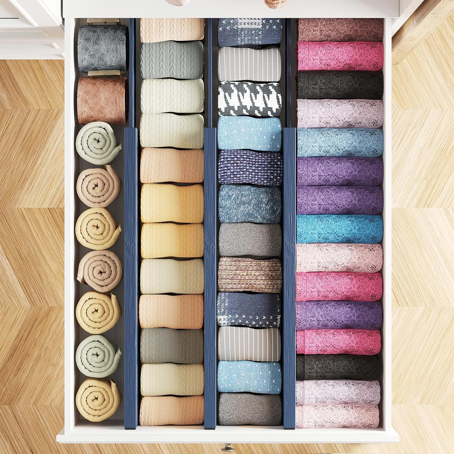SpaceAid Bamboo Dresser Drawer Dividers 6 Pack, 4.65“ High Adjustable 12.5“-17” Drawer Organizers, Expandable Organization for Clothing, Clothes, Dressers, Natural