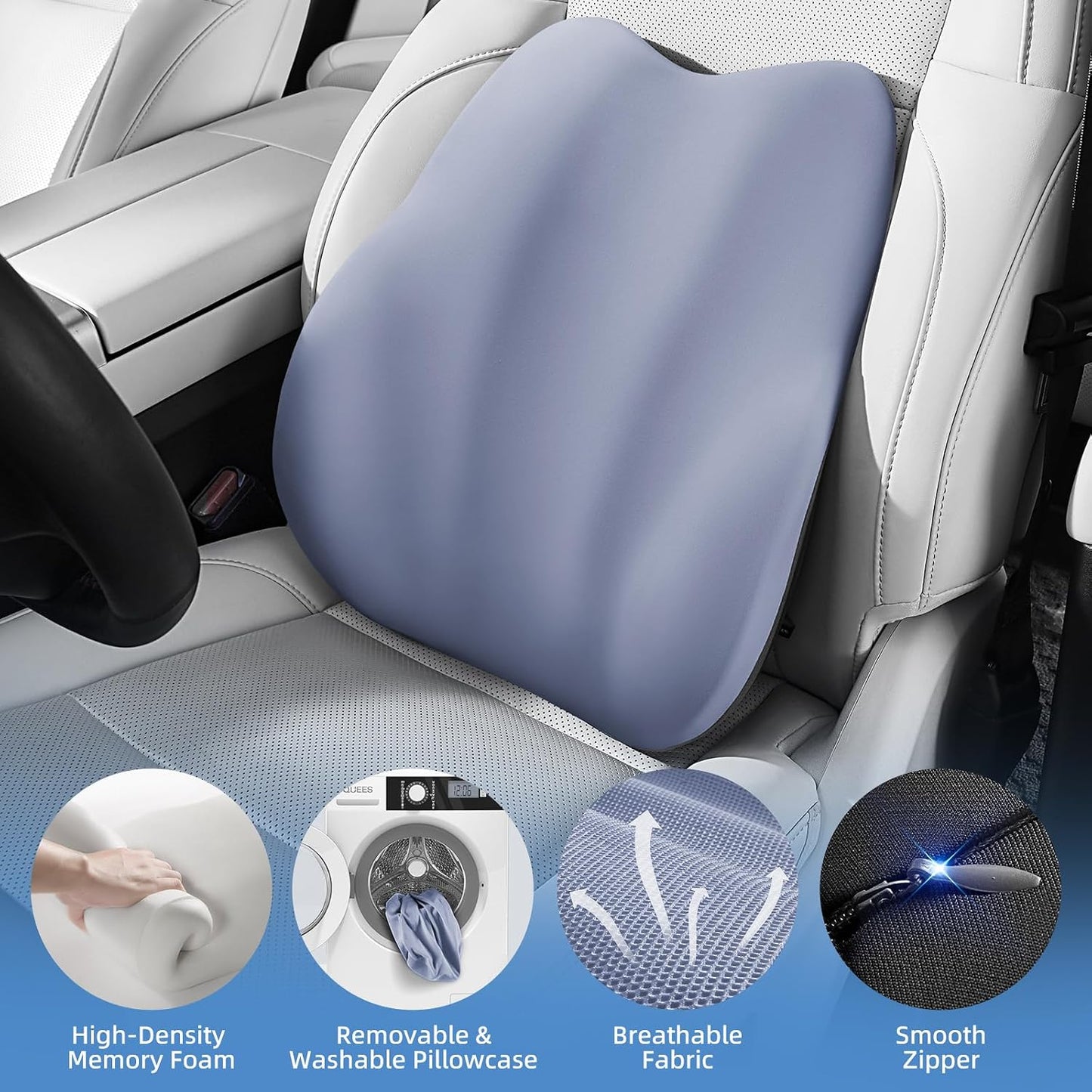 BEBAS Ergonomic Lumbar Support Pillow for Car, Memory Foam Car Back Cushion | Comfort Lumbar Pillow for Back Pain Relief, Breathable Washable Cover, Fits for Driving, Office, Wheelchair, Black