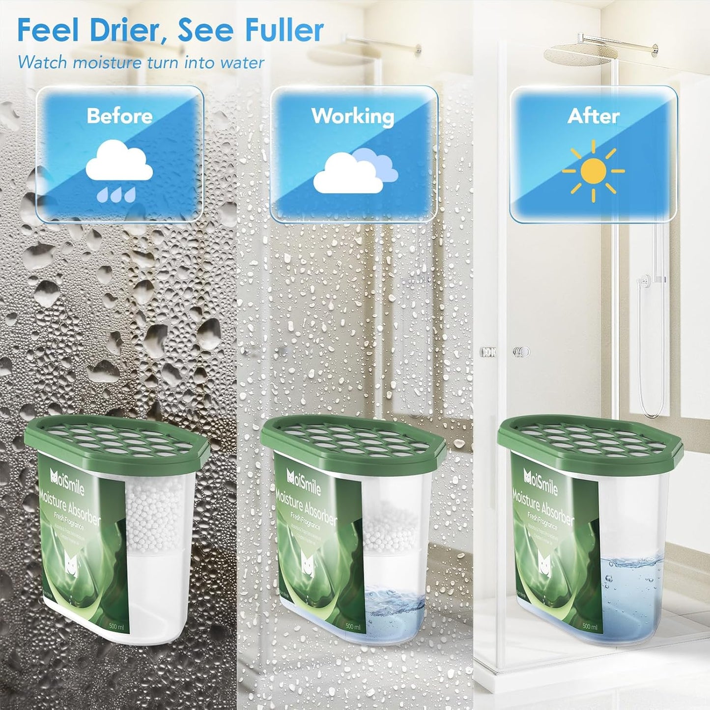 Moisture Absorbers with Activated Charcoal, Humidity Control & Air Deodorizing Preparations for Closet, Bathroom, Basement, Car & RV, 3 Pack