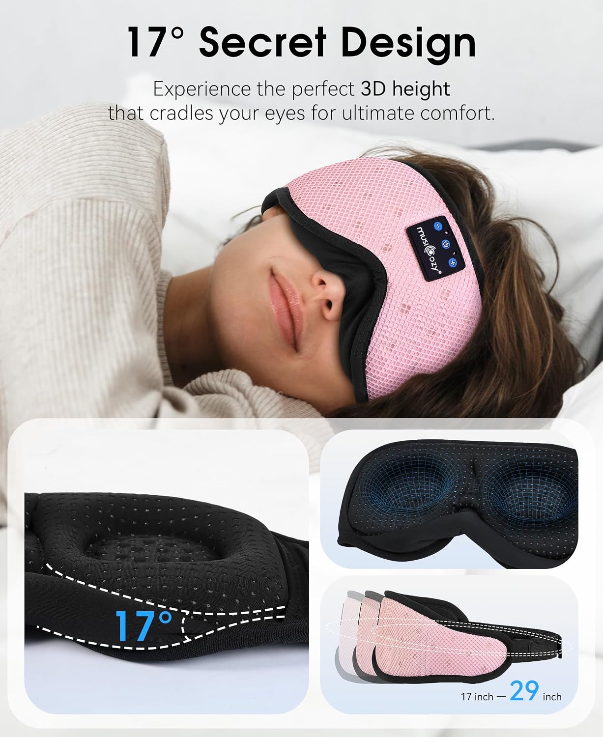 MUSICOZY Breathable Bluetooth Sleep Mask Headphones for Sleeping | Mesh Sleep Mask With Bluetooth 5.4 Audio, Soft Fabric And Comfortable Fit for Side Sleepers, Travel, Meditation and Rest