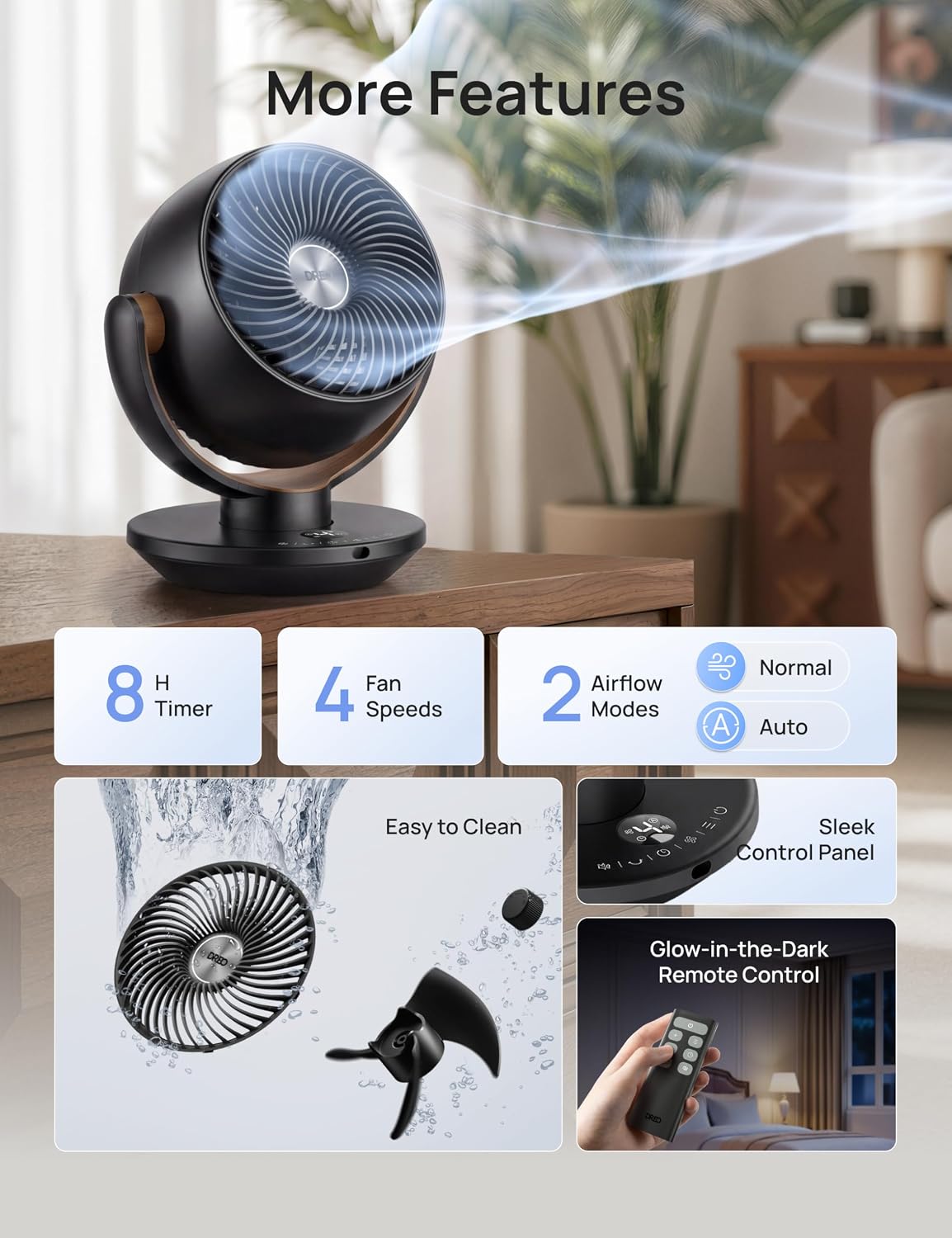 DREO Fan for Bedroom, Desk Air Circulator Fans with Remote, 11 Inch Table Fan for Whole Room, 65ft Powerful Airflow, 120° Vertical Manual and 90° Oscillating, 4 Speeds, 8H Timer, 25dB Quiet, Home
