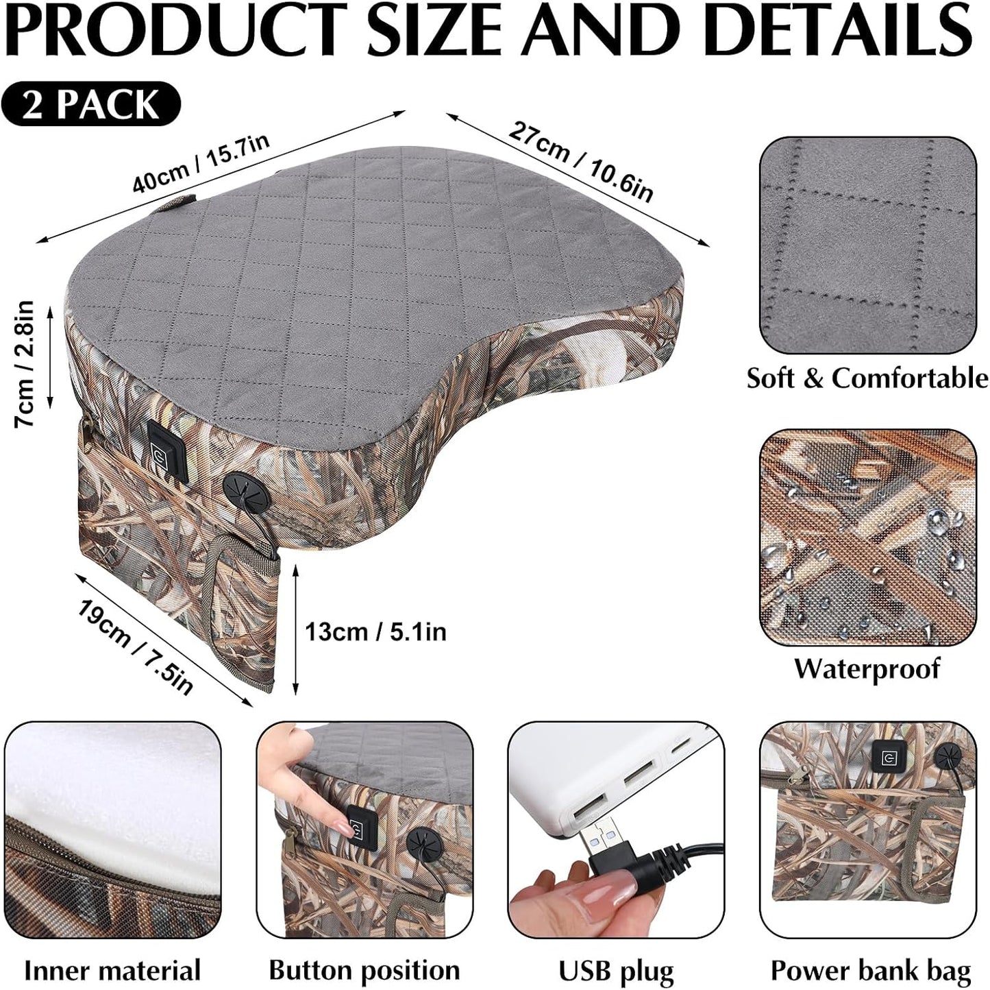 Thyle 2 Pcs Tree Stand Heated Seat Cushion Waterproof Hunting Reed Camo | USB Powered Heating, Foldable for Tree Stand Ice Fishing Camping, Portable Outdoor Use, Power Bank Not Included