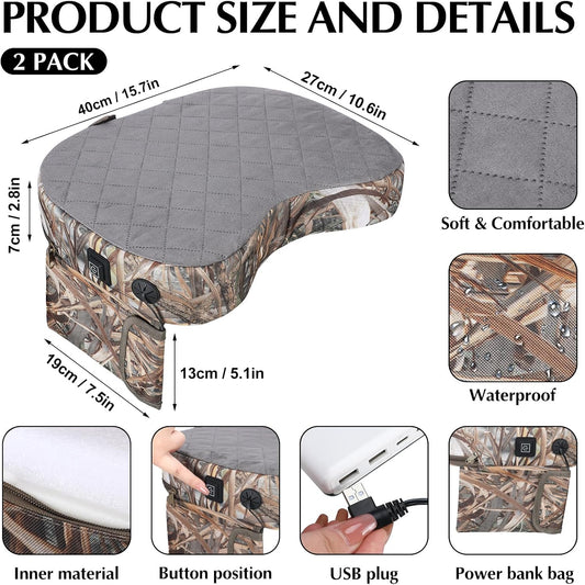Thyle 2 Pcs Tree Stand Heated Seat Cushion Waterproof Hunting Reed Camo | USB Powered Heating, Foldable for Tree Stand Ice Fishing Camping, Portable Outdoor Use, Power Bank Not Included