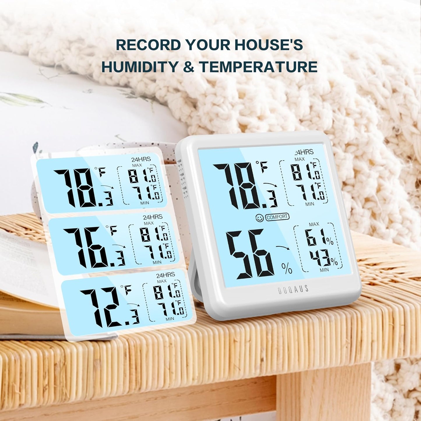 DOQAUS Digital Hygrometer Indoor Thermometer Humidity Meter with Backlight | 3s Fast Refresh, 3.05in Digital Temperature Humidity Monitor with Max Min Records for Home, Bedroom, Baby Room, Greenhouse