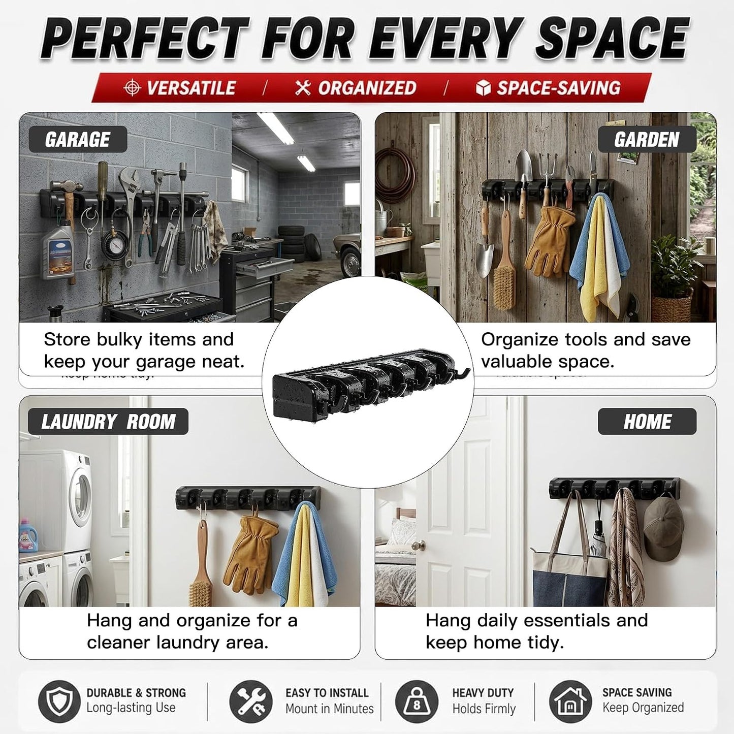HYRIXDIRECT Broom Hanger Wall Mount Broom and Mop Organizer Wall Hanging Garden Tool Organizers Rack Garage Laundry Room Organizations and Storage with Hooks Heavy Duty