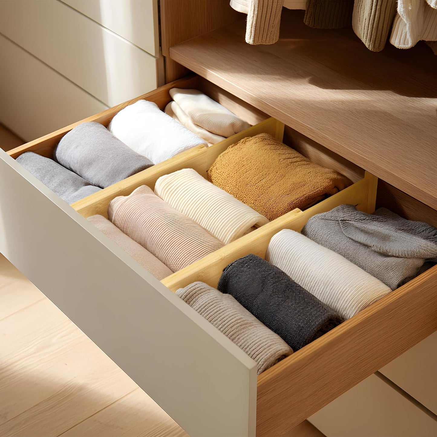 VaeFae 6-Pack Adjustable Bamboo Drawer Dividers, Expandable Drawer Organizer for Kitchen Utensils, Clothes, Bathroom, Office – Fits Drawer Interiors 16.6" to 21.8"