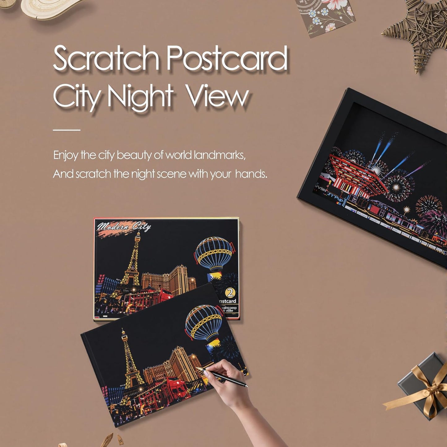 12-Sheet Rainbow Scratch Art Set with Tools, World Landmark Postcard Kit | Rainbow scratch paper and scratch cards with landmark views for a screen-free craft; finish each postcard to send or display