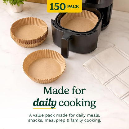Cuisinart Air Fryer Liners Disposable, 150 Pack, 7.75" Square | Food-grade unbleached silicone-coated parchment for air fryer basket, non-stick to 428F, traps grease, oven & microwave safe