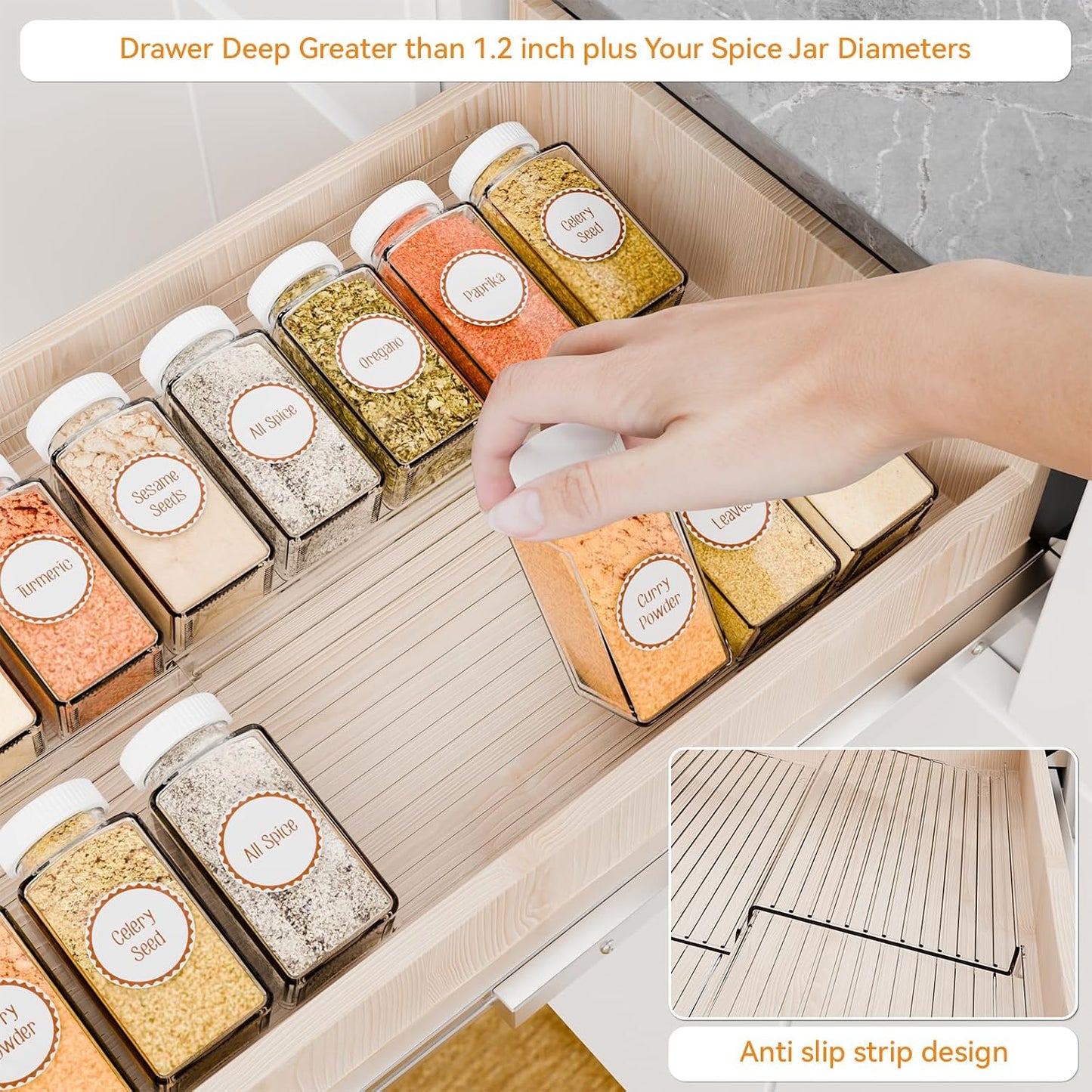4 Pack Adjustable Narrow Spice Rack for Drawer - Expandable From 9" to 17.7" - Acrylic Drawer Seasoning Organizer,Tiered Clear Spice Tray for Spices,Condiment,Nail Polish and Jar Organization