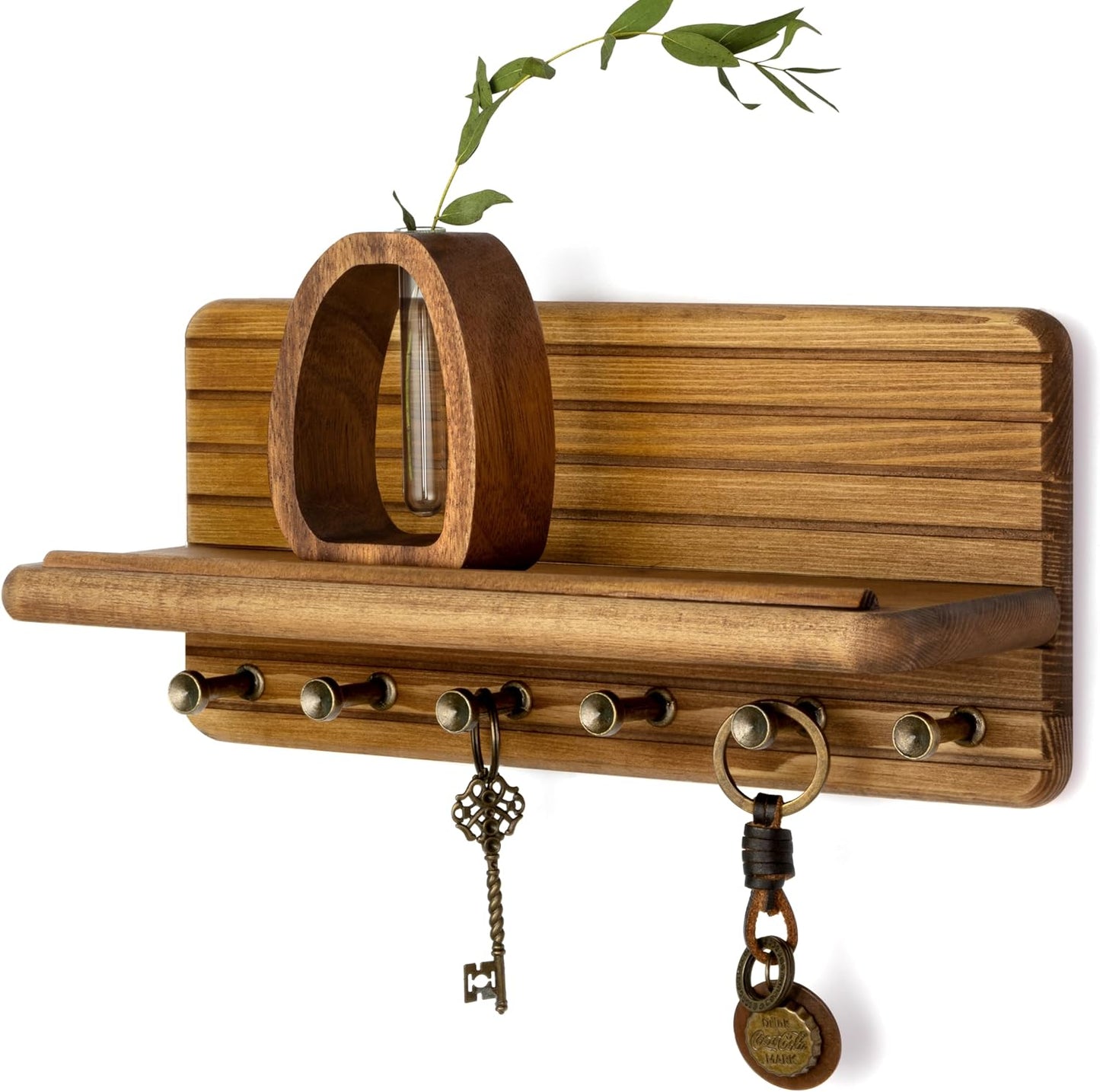 Rebee Vision Pine Wood Key Holder Wall Mount with Shelf for Entryway, Brown | 6 Key Hooks, Round Corner, Smooth&Hand-Friendly, Clear Wood Texture, Space-Saving Design, Organize Mail & Letter