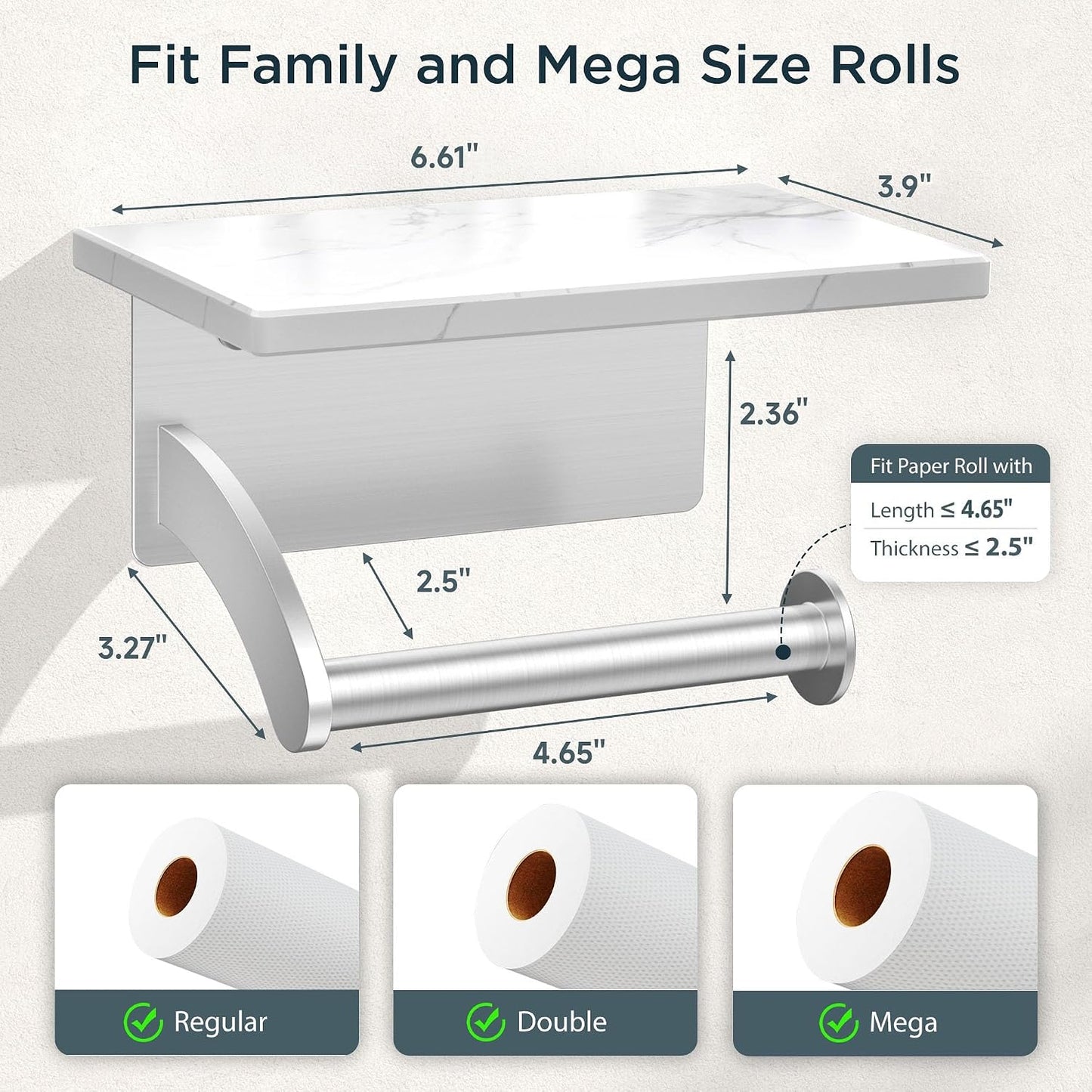 FORIOUS Toilet Paper Holder with Shelf, Natural Marble, Commercial | Brushed Nickel, Wall Mount 304 Stainless Steel Commercial Bathroom Tissue Roll Dispenser, Heavy Duty Washroom Paper Storage