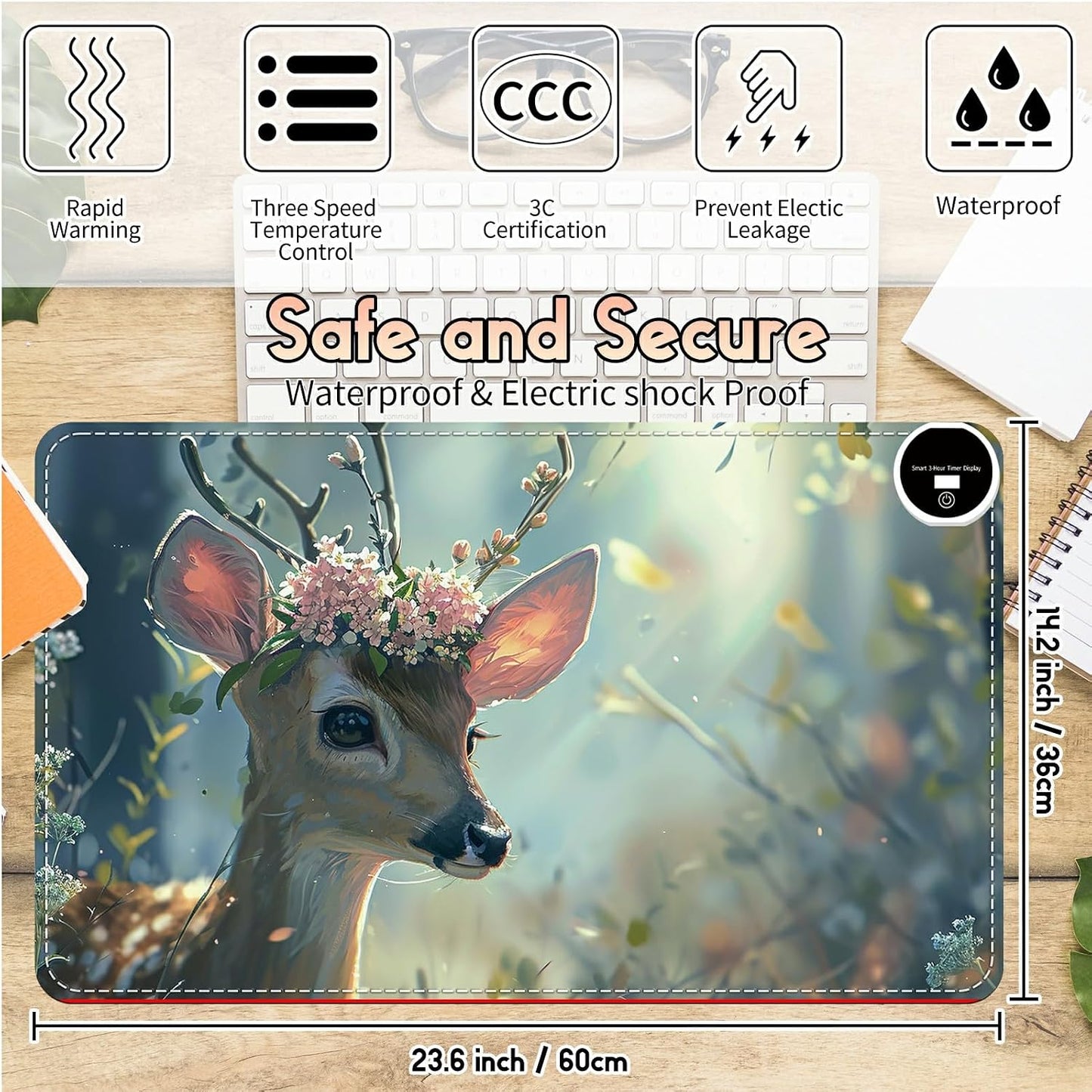 Heated Desk Pad Heated Large Mouse Pad, Electric Quickly Warm Desk Mat with 3 Levels Heating 3 Hours Auto Shut-Off, 31.5" x 13" Warm Gaming Mousepad Hand Foot Warmer, Baby Elephant