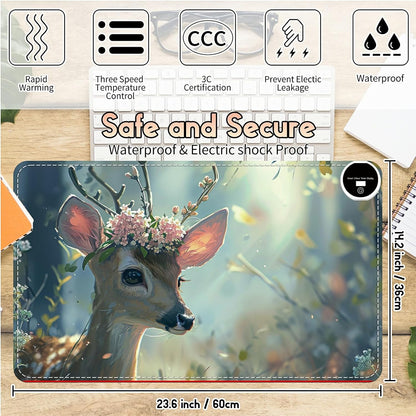 Heated Desk Pad Heated Large Mouse Pad, Electric Quickly Warm Desk Mat with 3 Levels Heating 3 Hours Auto Shut-Off, 31.5" x 13" Warm Gaming Mousepad Hand Foot Warmer, Baby Elephant
