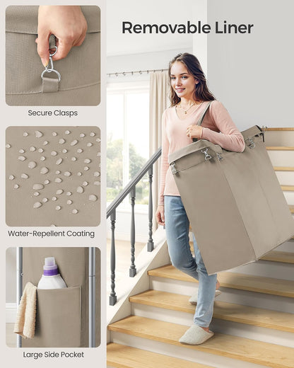 SONGMICS Laundry Basket with Wheels, 4-Section Rolling Laundry Hamper, 68.6 Gallons (260 L), Removable Liner, Steel Frame with Handle, 43.3 x 15.4 x 31.9 Inches, Cream White URLS014W01